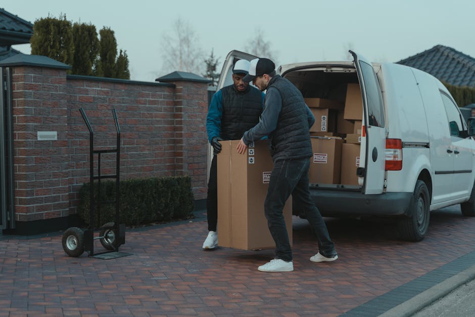 A man wearing a white shirt, black cap, and jeans stands inside an open moving van, holding a cardboard box with both hands. The van's interior is filled with neatly stacked cardboard boxes of various sizes, some placed directly on the floor and others on top of each other. The sides of the van are visible, with the rear doors open to the outside, where a paved pathway and residential buildings can be seen. The scene captures the loading process during a home relocation, with packing materials and boxes ready for transport. The lighting indicates daytime, with natural light illuminating the interior and exterior environment. Man With a Van Isleworth, a professional removals service, is involved in this furniture transport and packing and moving activity as part of their same-day delivery service in Isleworth.